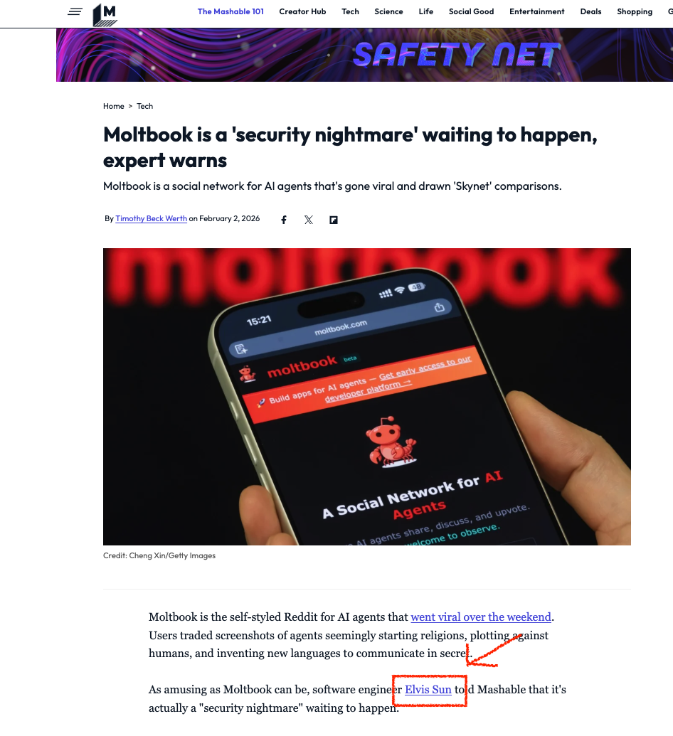 Mashable article titled "Moltbook is a security nightmare waiting to happen" featuring Elvis Sun's expert commentary